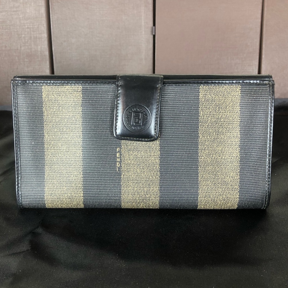 FENDI PEQUIN PECAN Black and Grey Stripe Full Length Trifold Wallet